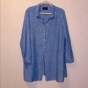Tahari Linen Blue Button-Up Roll Tab Tunic Shirt Sz L